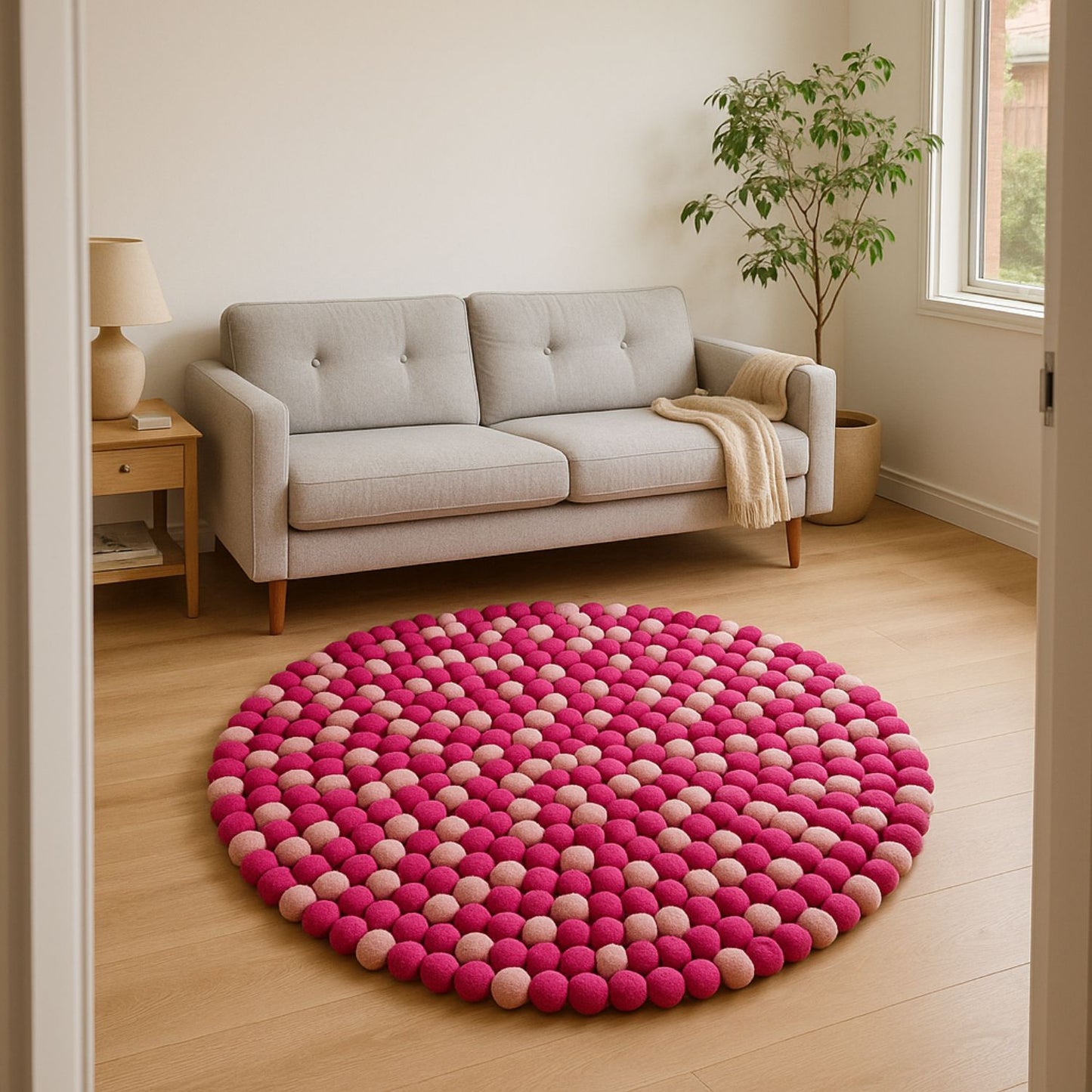 Handcrafted Felt Ball Rug – Pink & Blush Round (120cm)